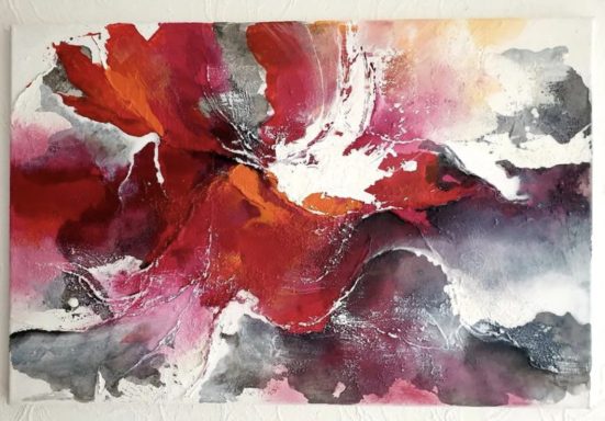 Kräftige expressive Farben werden in Spachtel- und Schütttechnik verarbeitet. Dieses Werk ist mit einer Schicht Rein versiegelt.